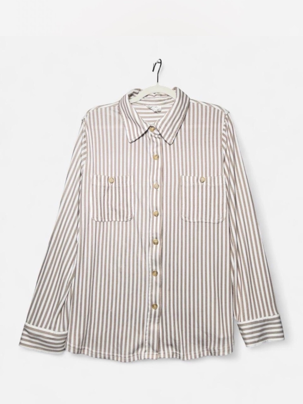 Striped Button-Front Blouse in Beige/White